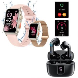 HYIEAR Smartwatch und Bluetooth Kopfhörer für Herren und Damen, Version 5.3 Smartwatch (4,5 cm cm/1.77 Zoll), Armbänder, Ladekabel, Ohrstöpsel, Sportarmband