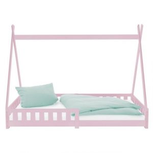 ML-DESIGN Kinderbett Hausbett mit Rausfallschutz und Lattenrost Massivholz, Bett 90x200 cm Rosa mit Matratze 16cm Kiefernholz mit Zaun