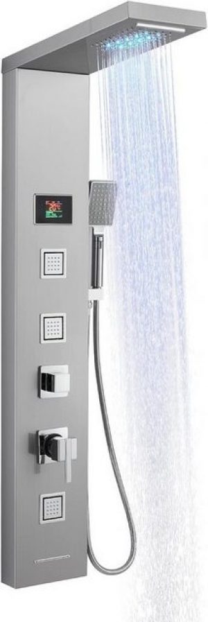 OUGOO Duschsystem Duschpaneele mit Amatur,Duschpaneel Wasserfall, Handbrause, mit LED und Temperaturanzeigen, 5 in 1 Edelstahl 304, Regendusch