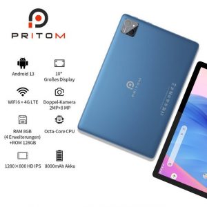 PRITOM IPS-LCD-Tablet, 8G RAM, 128G ROM, Tablet (10", Android 13, Octa-Core-CPU, Blau)