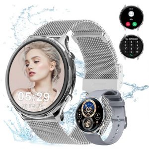 Powerwill Damen Smartwatch mit Telefonfunktion, 1,39-Zoll-HD-Voll-Touchscreen Smartwatch (1,39 Zoll), mit Wechselarmband aus Silikon, Fitness-Tracker mit 120 Sportmodi, SpO2-Herzfrequenzmesser