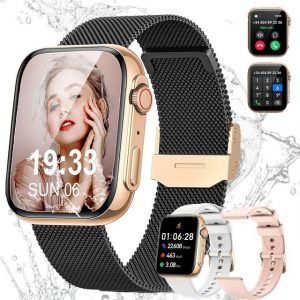 Powerwill Smartwatch für Damen Herren, Sportuhr Smartwatch mit Bluetooth Anrufe Smartwatch (1,91 Zoll) Fitnessuhr Tracker mit Schlafmonitor/Blutdruck/Herzfrequenz/SpO2, 2 Austauschbare Armbander, 120+ Sportuhr IP68 Wasserdicht für iOS Android