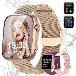 Powerwill Smartwatch für Damen Herren, Sportuhr Smartwatch mit Bluetooth Anrufe Smartwatch (1,91 Zoll) Fitnessuhr Tracker mit Schlafmonitor/Blutdruck/Herzfrequenz/SpO2, 2 Austauschbare Armbander, 120+ Sportuhr IP68 Wasserdicht für iOS Android