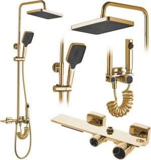 REA Duschsystem HELIX Gold Duschset Duscharmatur, mit Duschkopf und Kopfbrause aus Messing Duschgarnitur für Badezimmer