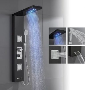 ROVOGO Duschsystem LED Duschpaneel mit Thermostat, 4-Funktionen, 2 Strahlart(en), mit Armatur Regendusche 2 Massagedüsen Handbrause undBadewanneneinlauf