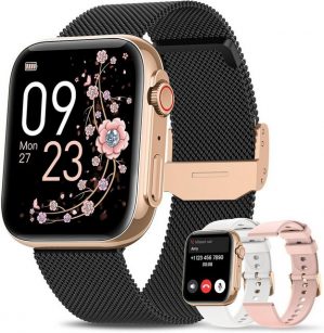 Sanorum Smartwatch Damen mit Telefonfunktion Smartwatch (4.7 cm/1,85 Zoll, Always-On-Display) Armbanduhr mit Periodenverfolgung, 120+ Sport, Herzfrequenz, SpO2 Schlafmonitor, Fitness Tracker IP68 für iOS Android