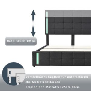 Sweiko Polsterbett (Doppelbett mit 4 Schubladen, höhenverstellbarem Kopfteil und Lattenrost, mit LED-Beleuchtung und 2 USB-Ladegeräten), Leinen, 140*200cm, ohne Matratze