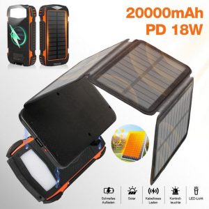 VSIUO Solar Powerbank 20,000mAh, Tragbare Solar Ladegerät, Induktions-Ladegerät (mit 4 Solarpanels, 18W Wireless Charger für Smartphones, Tablets, mit LED Taschenlampe für Outdoor Camping)