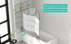 WDWRITTI Badewannenaufsatz 3 teilig Duschwand für Badewanne 140 x 140 Faltwand 180° Faltbar, 5mm Sicherheitsglas, (Badewannenfaltwand milchglas klarglas, Schwarz, Chrom), Rechts-und Links montierbar, mit Bohren