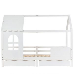 WISHDOR Kinderbett Jugendbett Massivholzbett (200x90 cm Weiß ohne Matratze), mit Rausfallschutz, mit Rausfallschutz Fenster und Lattenrost