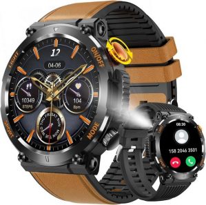 aswan watch Militär LED-Taschenlampe Herren's Smartwatch (1,44 Zoll, Android / iOS), mit Kompass (Anrufe annehmen/wählen), Fitness-Tracker Herzfrequenz