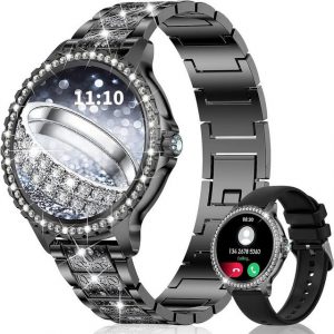 fitonyo Fur Damen mit Telefonfunktion Diamond Smartwatch (1,32 Zoll, Android iOS), mit Anruffunktion,Menstruationszyklus SpO2 Pulsmesser Schlafmonitor