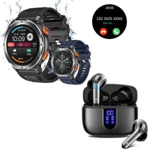 HYIEAR Smartwatch Damen Herren, kabellos bluetooth 5.3 In-Ear-Kopfhörer, IPX5 Smartwatch, mit austauschbaren Armbändern, Ladekabeln Drei Paar Ohrstöpsel, Fitnessuhr