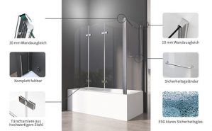 Boromal Badewannenaufsatz Duschwand mit seitenwand 3 teilig Faltbar Faltwand Milchglas Klarglas, 6mm ESG, (Duschkabine, mit Handtuchhalter Haltestangen), 120x75x140, 120x80x140cm