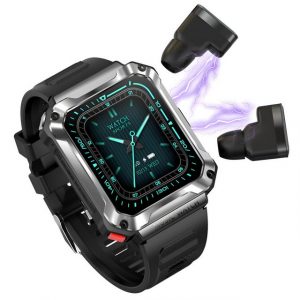 HIYORI Multifunktions-Sport-Smartwatch mit 1.96 Zoll HD-Touchscreen Smartwatch, TPU-Armband, Gesundheitsüberwachung & integrierten TWS-Ohrhörern