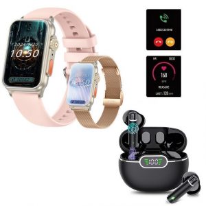 HYIEAR Smartwatch 1,57" für Damen und Herren & Bluetooth Kopfhörer 5.3 Smartwatch (4.5 cm/1.57 Zoll) Packung, Enthält austauschbare Bänder, Sportuhr, Gesundheitsfunktionserkennung, In-Ear-Kopfhörer Drei Paar Ohrstöpsel, Sportkopfhörer für Android/iOS