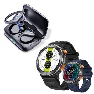 HYIEAR Smartwatches Männer und Frauen, wasserdichte Bluetooth 5.3-Kopfhörer Smartwatch, Fitnessuhr, Tracker mit Schrittzahler, 2 Austauschbare Armbander, In-Ear-Kopfhörer (True wireless, fur Anrufe und Musik, Bluetooth)