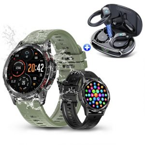 HYIEAR Smartwatches & In-Ear-Bluetooth 5.3 Kopfhörer für Damen und Herren Smartwatch Set, Uhr mit Gesundheitsüberwachung & Benachrichtigungen, 2 Armbänder, Kabellose Ohrhörer mit Ohrbügeln und LED-Ladebox.IPX5 Wasserdicht