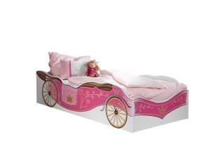 Kindermöbel 24 Kinderbett Zoe Kutschenmotiv weiß - pink inkl. Matratze (2-tlg)
