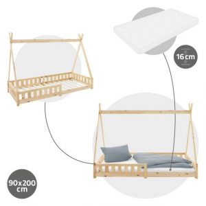 ML-DESIGN Kinderbett Hausbett mit Rausfallschutz und Lattenrost Massivholz, Bett 90x200 cm Natur mit Matratze 16cm Kiefernholz mit Zaun