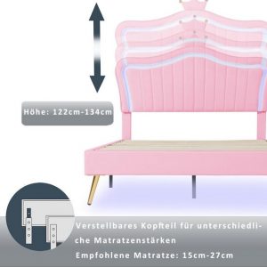 OKWISH Bett Kinderbett Polsterbet Gästebett (mit LED-Leuchten, Lattenrost und Rückenlehne(Matratze nicht enthaltet), Kronen-Doppelbettgestell), Ohne Matratze