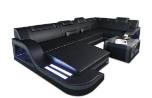 Sofa Dreams Wohnlandschaft Ledersofa Palermo U Form Mini, Designersofa Couch, mit LED Licht und USB Anschluss