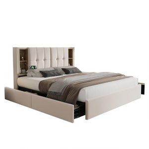 Sweiko Polsterbett Doppelbett mit Kabellosem Laden USB C& 4 Schubladen, (Lattenrost aus Holz), Beige Samt (Ohne Matratze)