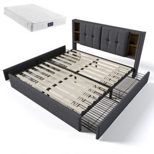 Sweiko Polsterbett Doppelbett mit Kabellosem Laden USB C& 4 Schubladen, (Lattenrost aus Holz), Grau Leinen (Mit Matratze)