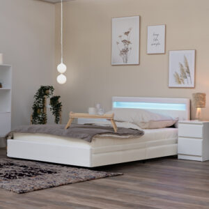 Home Deluxe Lit LED avec tiroirs et matelas NUBE - 140 x 200 cm blanc