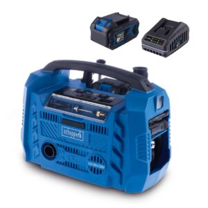 Hybrid-Kompressor Airforce 6 Scheppach - 10,3bar | ölfrei | 2 USB-Anschlüsse | 3 Antriebsarten | inkl. 4Ah Akku + 2,4A Ladegerät