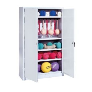 C+P Sportgeräteschrank mit Vollblech-Flügeltüren (Typ 2), HxBxT 195x120x50 cm, Lichtgrau (RAL 7035), Ergo-Lock Muldengriff, Lichtgrau (RAL 7035), Einzelschließung