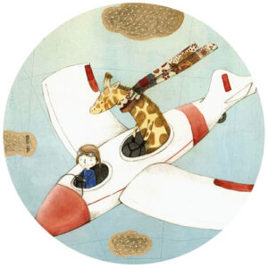 K&L Wall Art Vliestapete "Runde Vliestapete", Loske Flugzeug Giraffe Kinder, mehrfarbig, matt - bunt