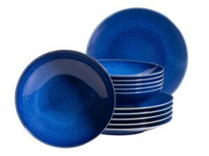 MÄSER Serie Ossia, Teller-Set für 6 Personen im mediterranen Vintage-Look, 12-teiliges modernes Tafelservice mit Suppentellern und Speisetellern (Dunkelblau, 12 tlg)