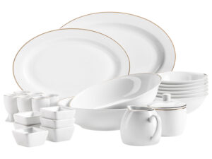 MÄSER Serie Professional Dining, Zubehör Set aus Müslischalen, Eierbechern, Schüsseln, Zuckerdose, Milchkännchen, Dipschälchen und Servierplatten, 24-teilig, Weiß mit Goldrand (Gold)