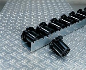 Rollenleiste schwer L.3600mm, Ku.-Spurkranzrollen D.46/70mm Rollenteilung 96mm