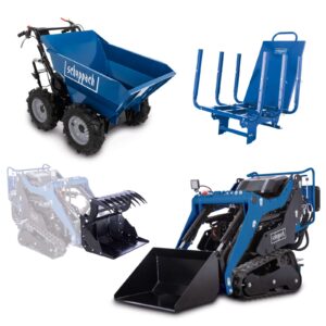 Scheppach Kompaktlader MKL730 + Dumper DP3000 XL SET mit Holzrunge und Greifschaufel | ideal für Holzarbeiten & Transport