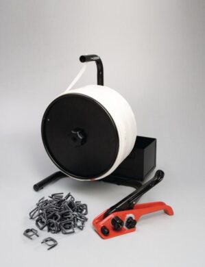 Umreifungsset Polyesterband 25mm, incl. Bandspanner/Verschlussklemmen phosphatiert/ 25mm PES-Band/Abroller