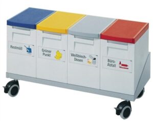Wertstoffsammler 4x15l H460xB805xT350mm, grau blau/gelb/grau/rot fahrbar